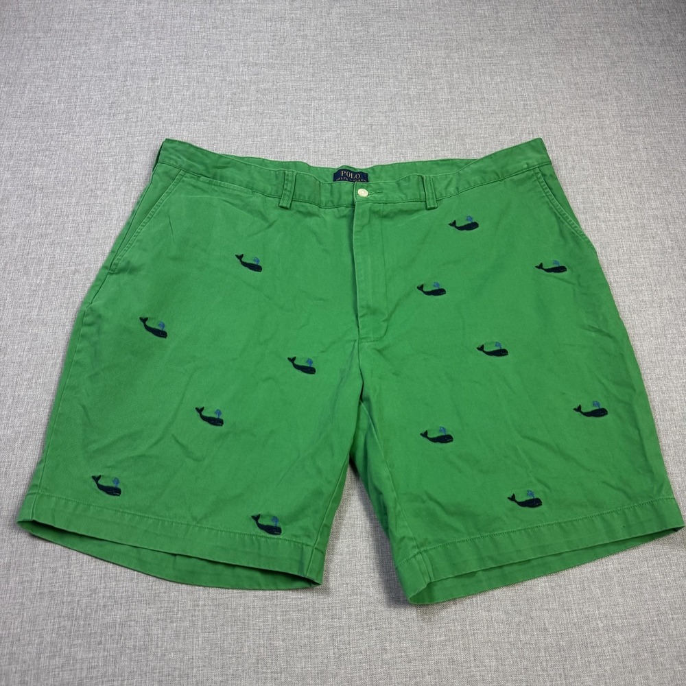 Polo Ralph Lauren Whale Pattern 9" Chino Shorts Mens 42 Green Cotton Polyester
